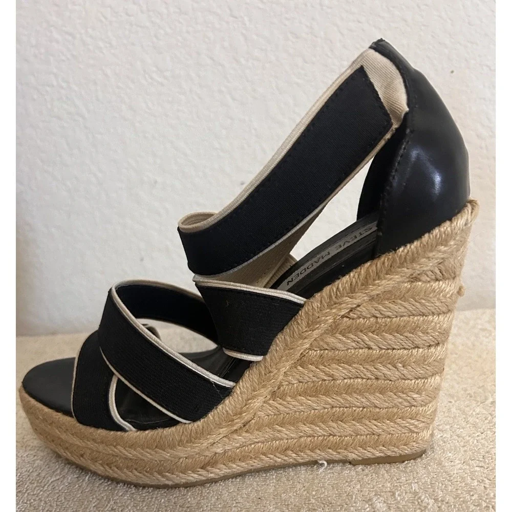 STEVE MADDEN Erryn Wedge Sandals Size 8 Espadrilles Navy Blue and Brown-JKL-1-A